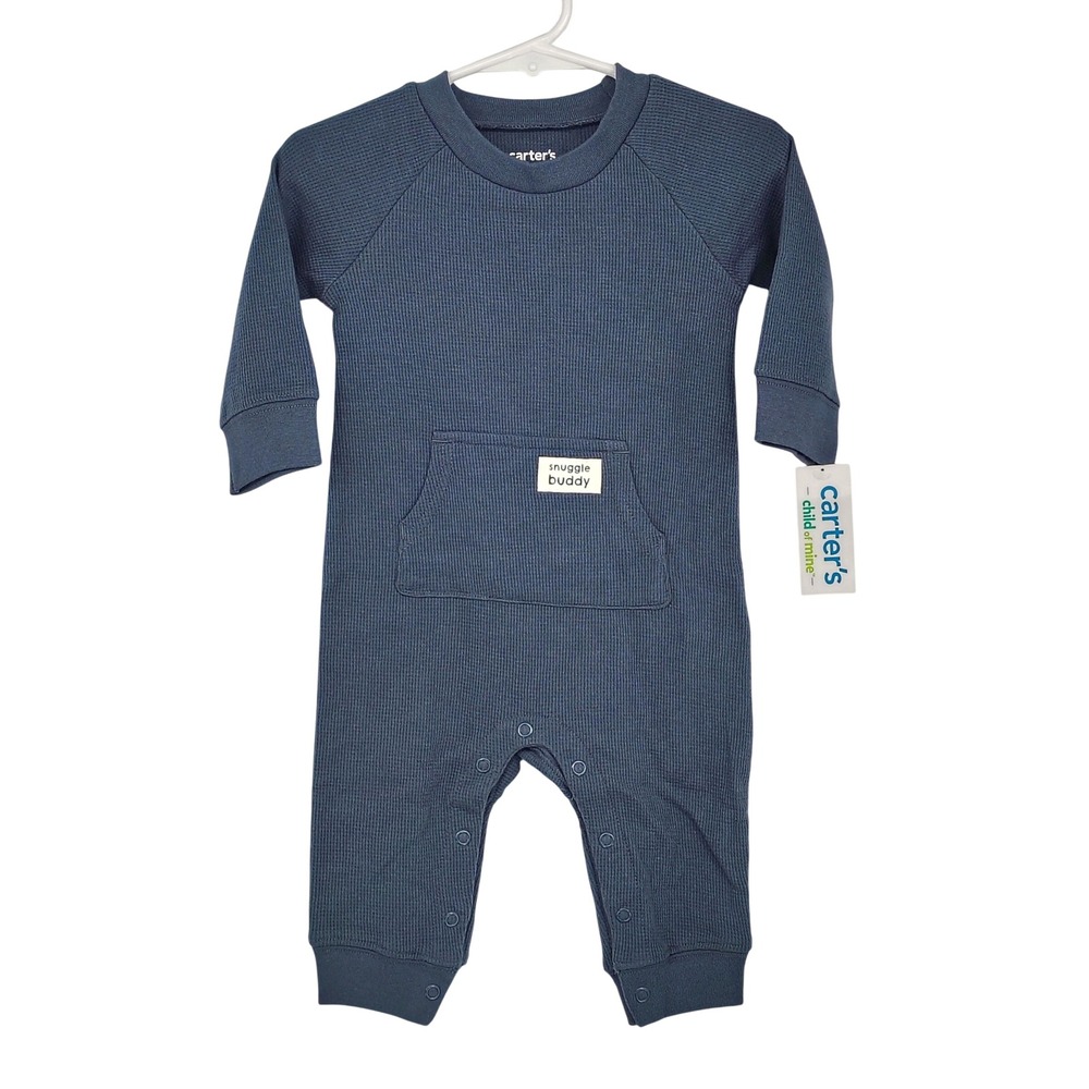 Carter's Romper Boy 3-6M Blue Gray Waffle Knit Thermal Snuggle Buddy Basics Cozy